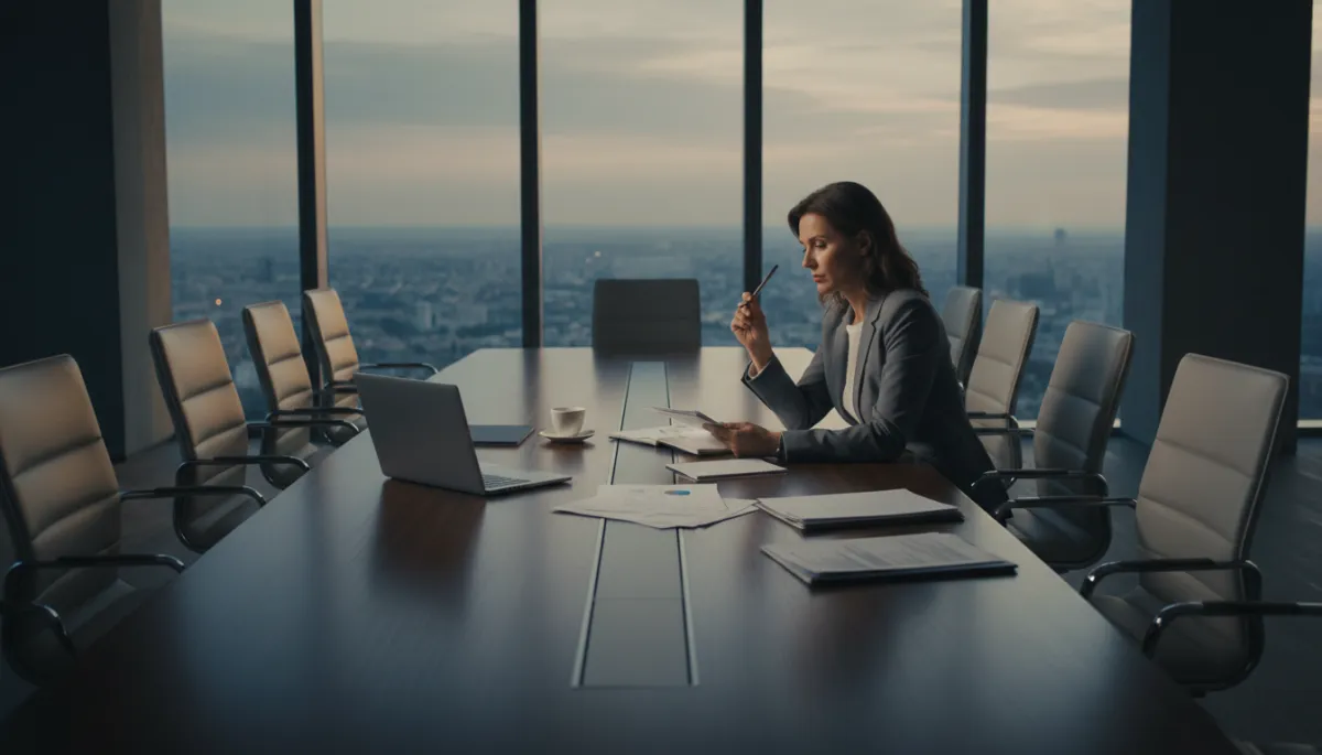 A photorealistic, high-resolution image of a business owner sitting alone at the head of a modern boardroom table. The owner appears deep in thought, with a slightly concerned or reflective expression, holding a pen and a notepad in front of them. The empty chairs around the table emphasize solitude and introspection. The boardroom is sleek and professional, with large windows letting in natural light, cityscape visible in the background. Subtle details like a laptop, coffee cup, and neatly arranged documents enhance the realism. The overall mood is professional yet contemplative, visually representing the weight of leadership decisions and the potential for mistakes.