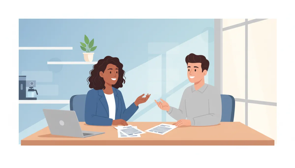 A realistic, high-resolution photo of a small business owner interviewing a job candidate across a desk in a bright, modern office. Both people are smiling and engaged in conversation, with resumes and a laptop visible on the table.
