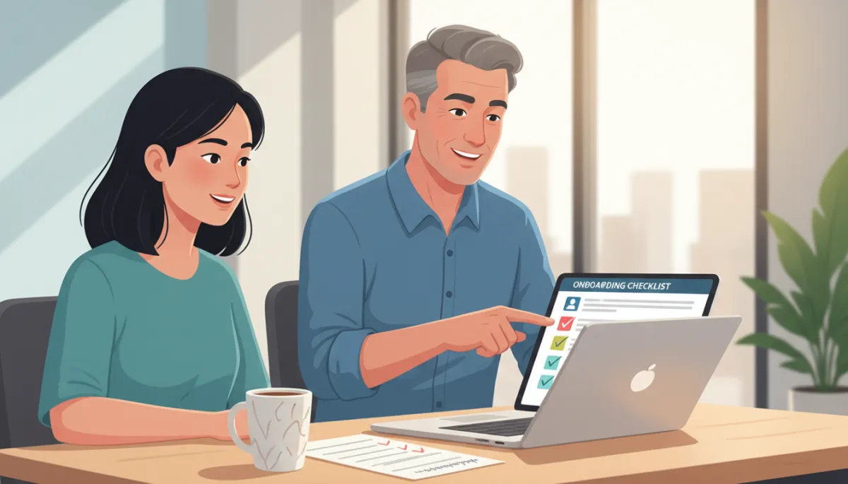 A realistic, high-quality photo of a new employee at a desk, looking at an onboarding checklist on a laptop. A printed checklist and a coffee mug are on the desk. A manager stands beside the employee, pointing at the screen supportively.