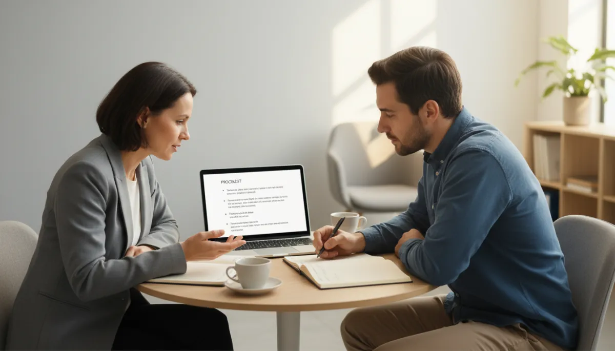 Business owner coaching a team member through a documented process Business owner coaching a team member through a documented process