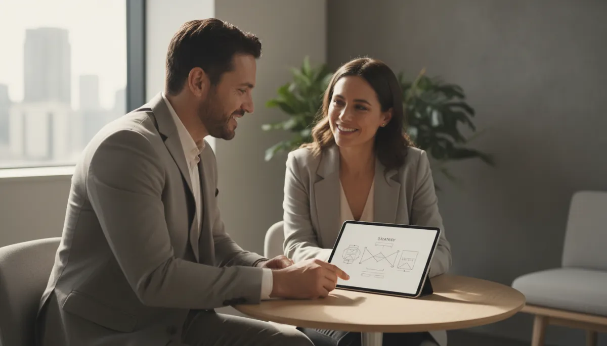 Service business owner confidently discussing a clear sales strategy with a client