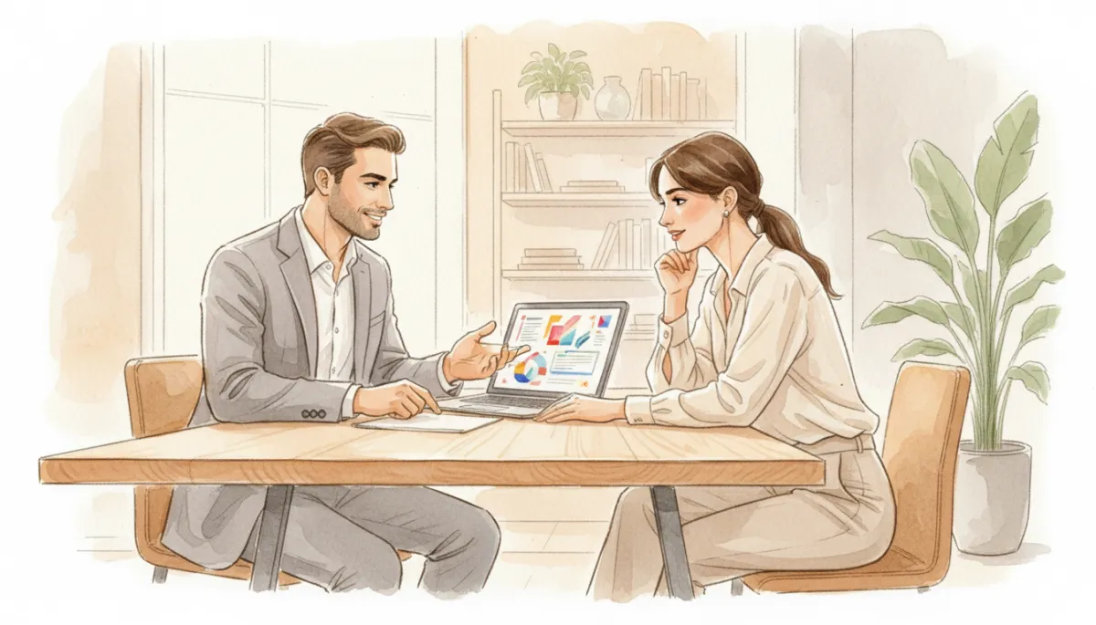 Confident consultant discussing premium service pricing with a respectful client