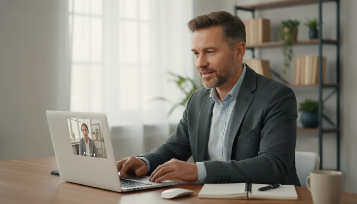 Service business owner confidently explaining new pricing to a client on a video call