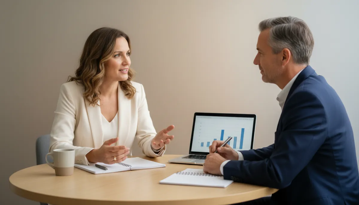 Coach and business owner discussing mindset and strategy in a meeting