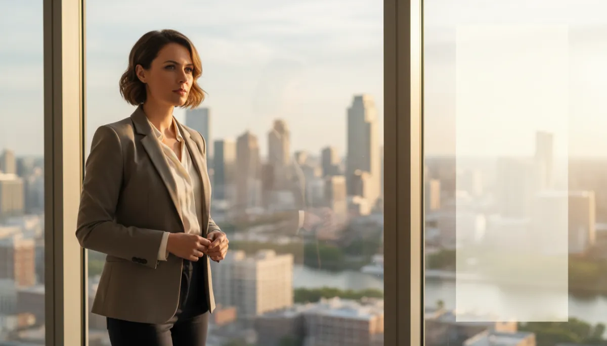 real-looking neutral-toned photo of a focused female entrepreneur standing at a large window overlooking a city, soft morning light, subtle text overlay space