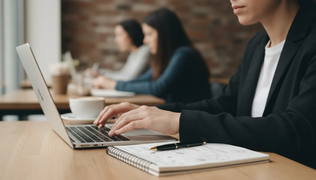 Service business owner planning marketing content on a laptop in a cafe