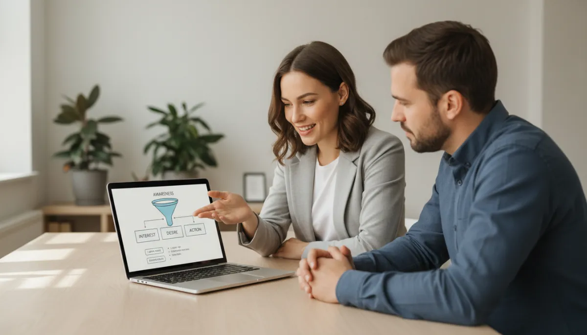 Business coach and client reviewing a marketing funnel and clear calls to action on a laptop screen