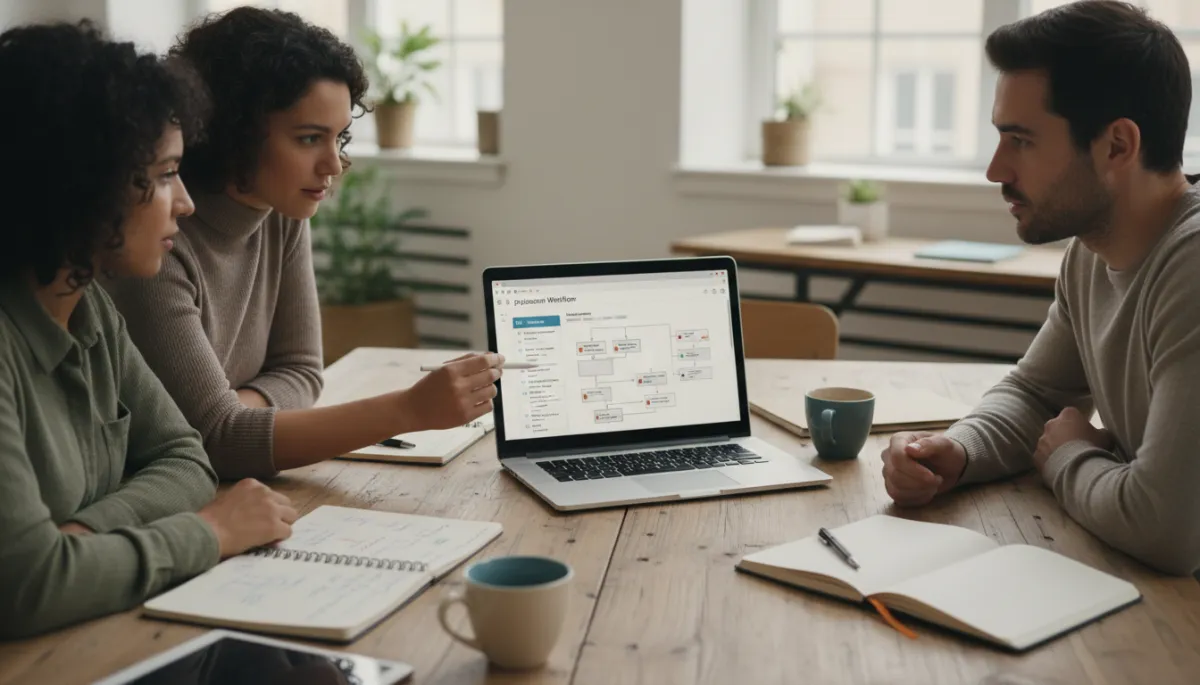 Team reviewing a documented workflow on a laptop together