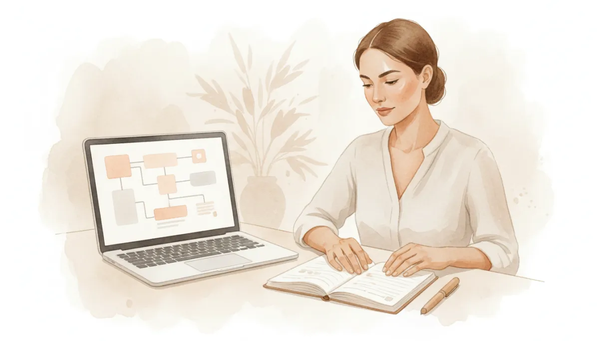 professional neutral-toned workspace with a laptop displaying a visual workflow or pipeline, next to a neatly organized notebook and pen, calm focused service business owner reviewing the process, professional photography style