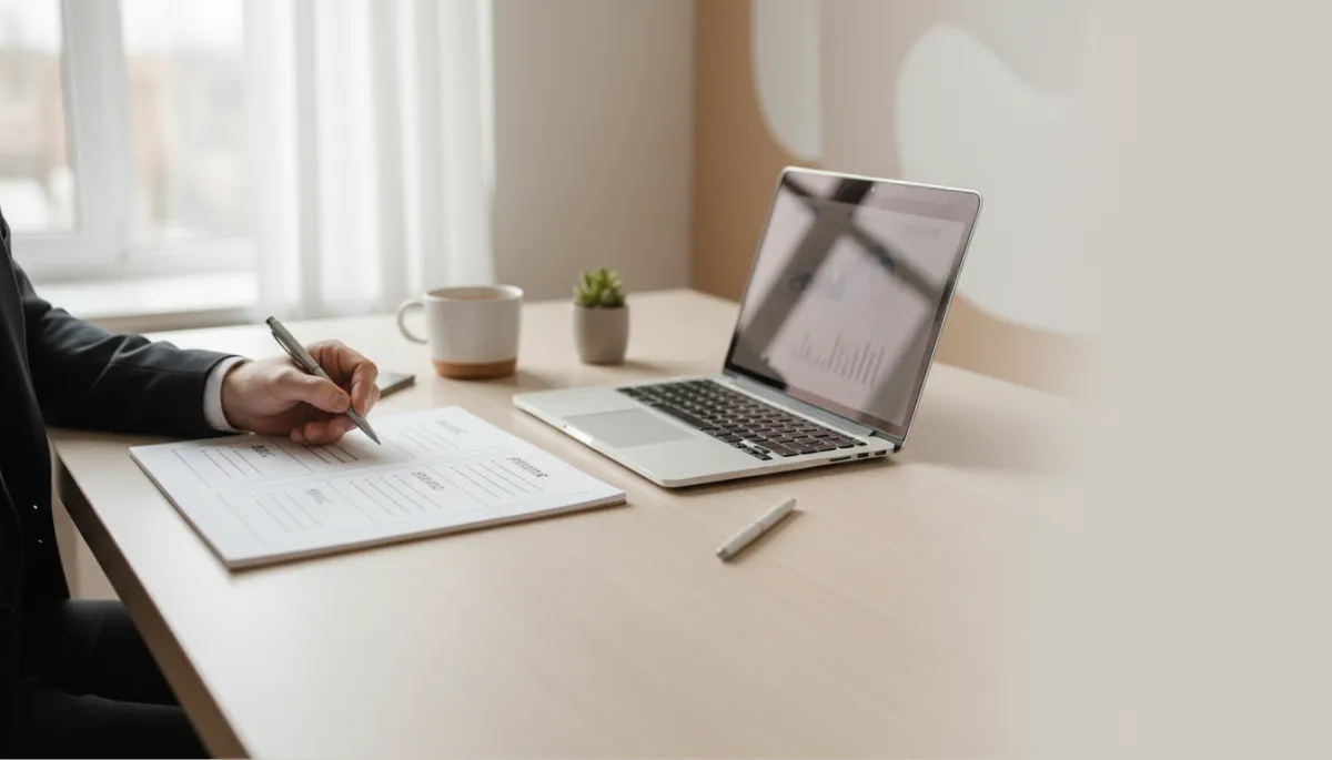 Business coach designing clear, named service packages at a desk