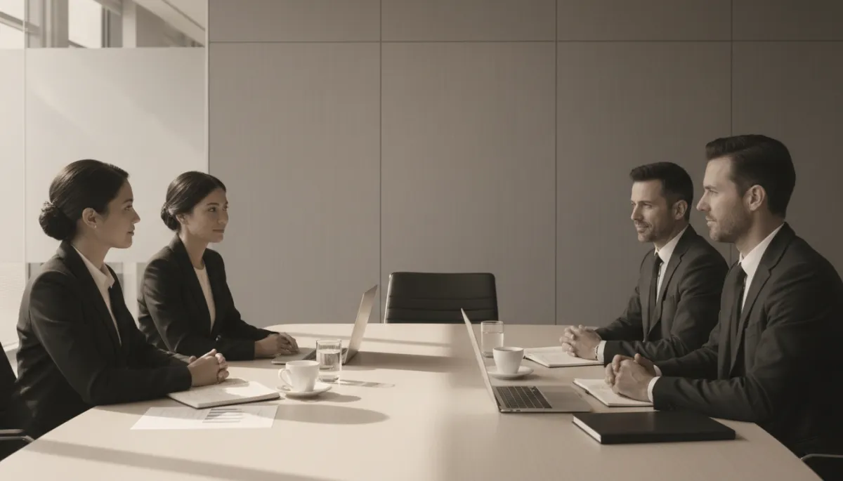 Leadership team in a professional boardroom discussing business standards