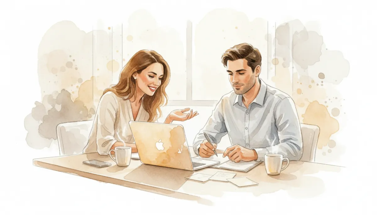 Service business owner meeting with an aligned ideal client in a neutral modern workspace