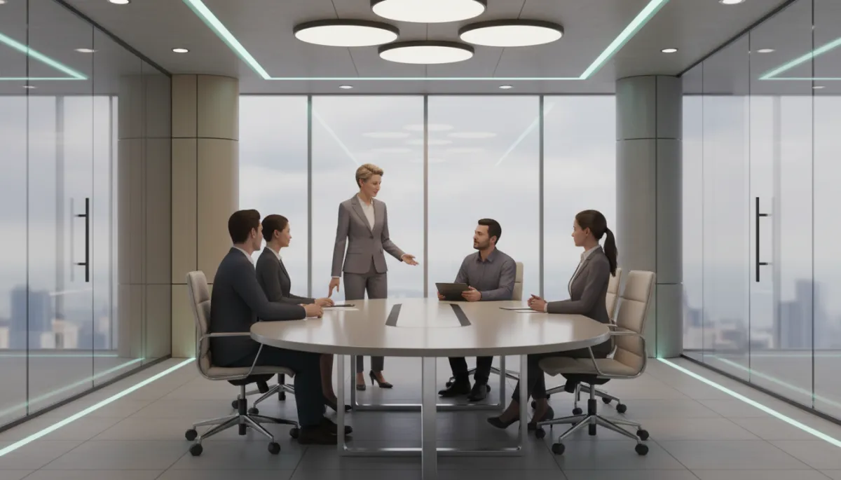 Leader giving feedback in a professional neutral boardroom setting