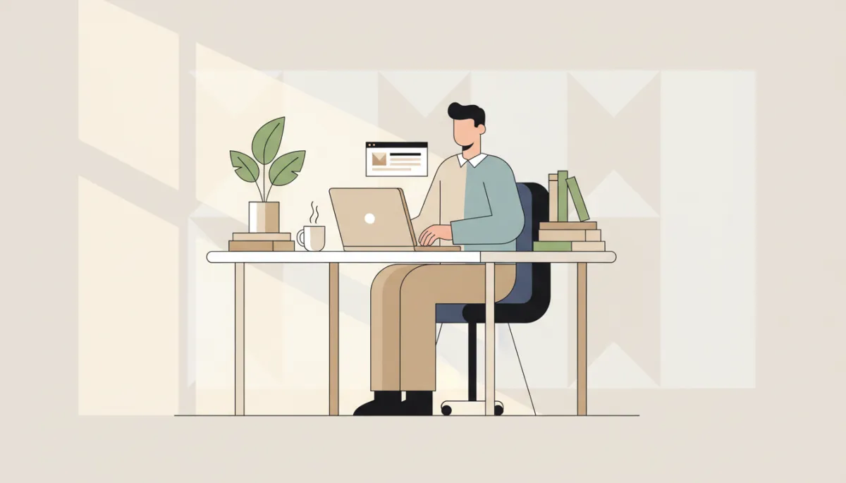 professional neutral-toned photo of a business owner sending an email from a laptop at a tidy desk, referral template on screen, soft daylight and minimal decor
