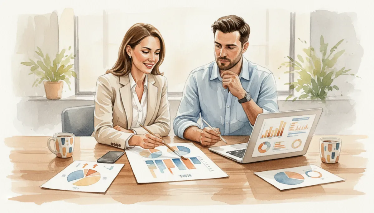 Business coach and small business owner reviewing AI-supported revenue and productivity metrics