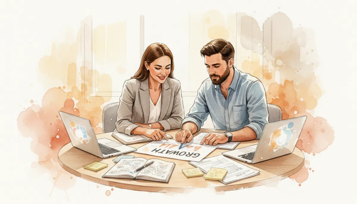 Business coach and Australian service business owner reviewing a growth plan together