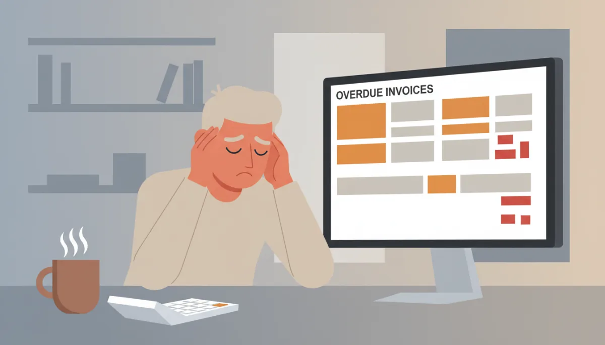 Stressed business owner reviewing overdue invoices and cash flow figures Stressed business owner reviewing overdue invoices and cash flow figures