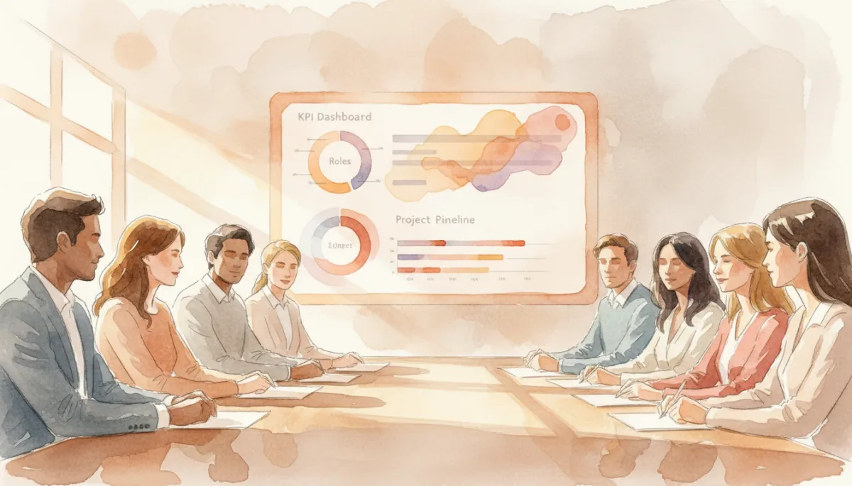 Leadership team reviewing management dashboards and organisational structure Leadership team reviewing management dashboards and organisational structure