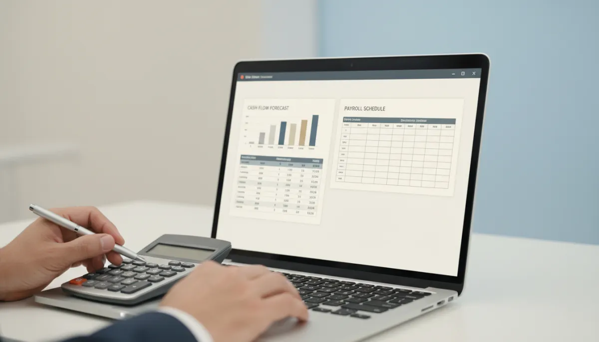Cash flow forecast and payroll schedule being reviewed together Cash flow forecast and payroll schedule being reviewed together
