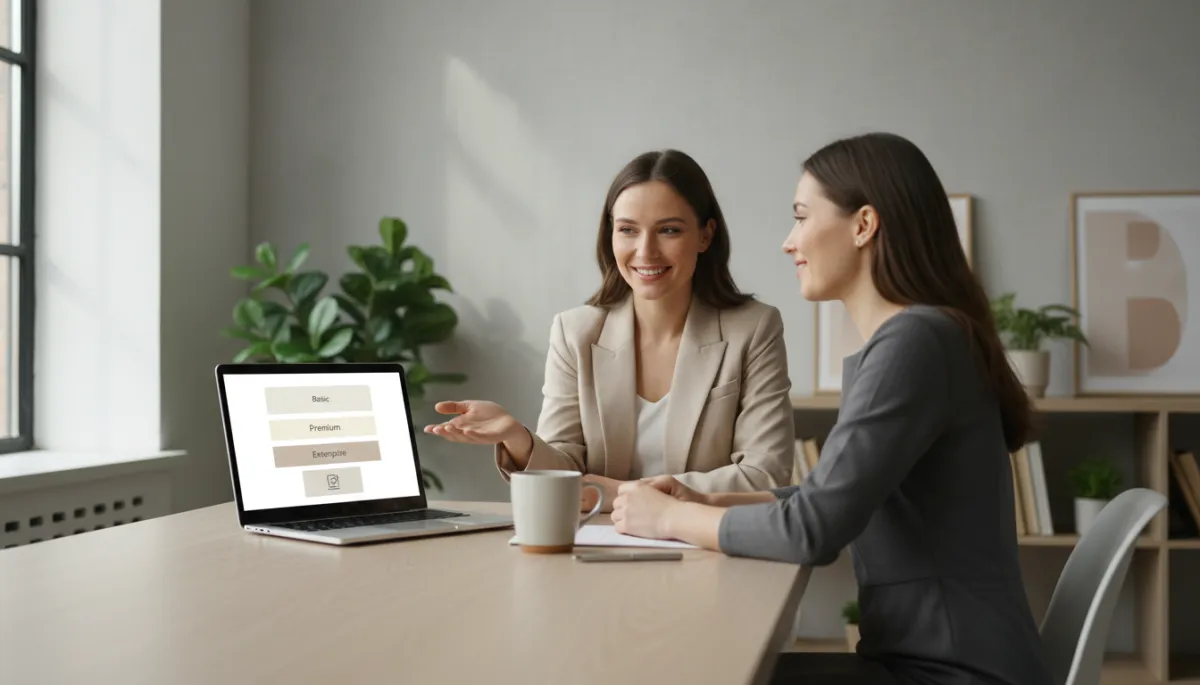 professional neutral-toned office setting with a confident female business coach presenting clear service packages on a laptop screen to a client across the table, soft natural light, modern minimalist decor