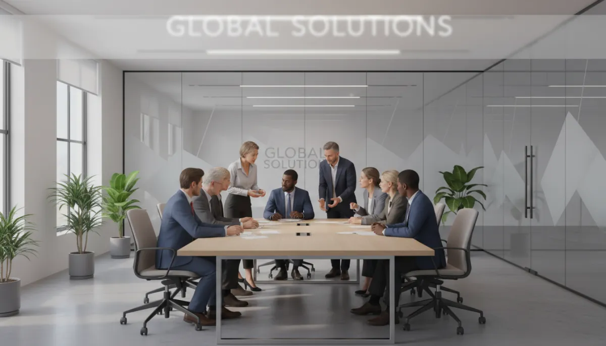 professional neutral-toned open-plan office with diverse leadership team in focused discussion around a table, soft natural light, subtle branding on glass walls, overlay text on translucent banner