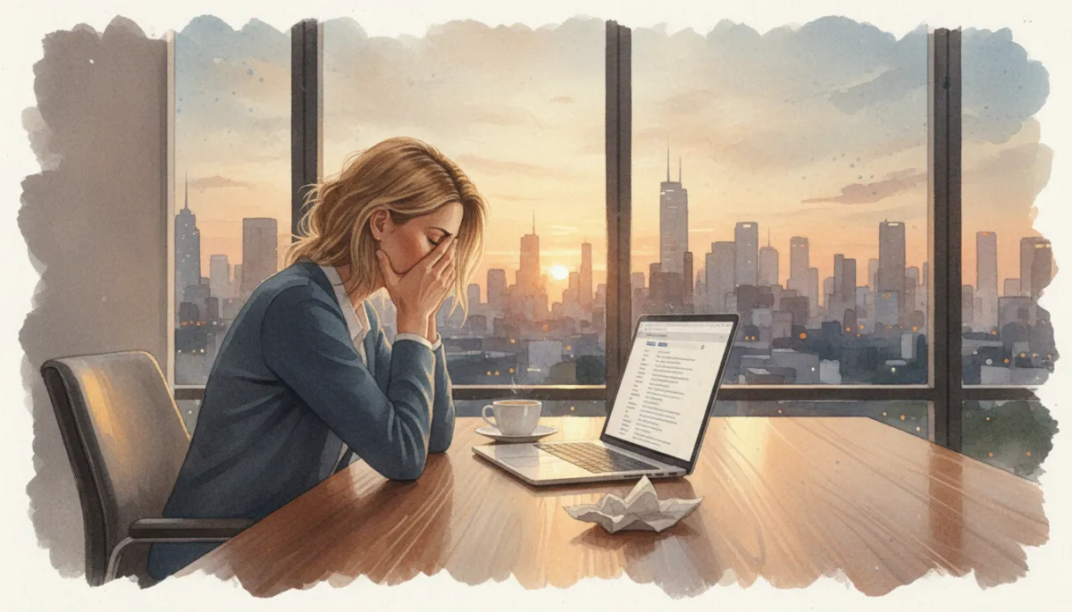 professional neutral-toned photograph of a tired Australian service business owner sitting alone in a modern office at dusk, city skyline through window, laptop open with overflowing inbox, coffee cup half-finished, soft natural light and muted colours