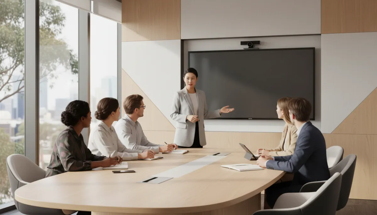 professional neutral-toned photograph of a small business owner leading a team meeting around a conference table, diverse staff engaged in discussion, soft natural light, modern Australian office setting