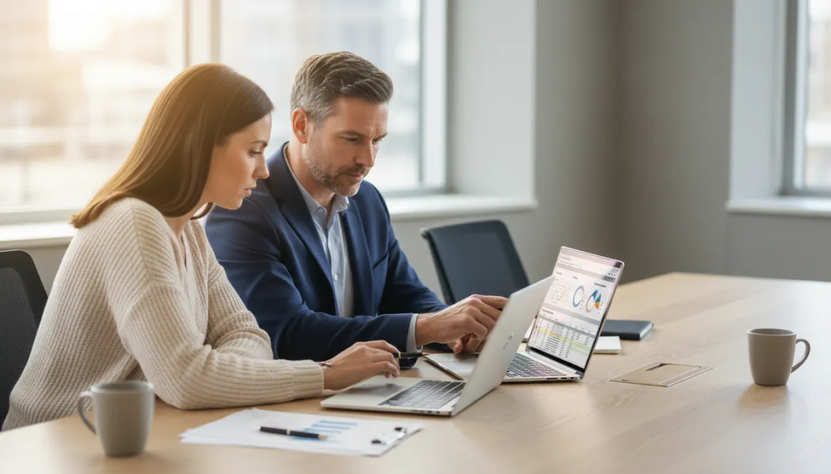 professional neutral-toned office scene showing a small business owner and bookkeeper reviewing cash flow and payroll reports on laptops at a meeting table, soft natural light, clean professional style