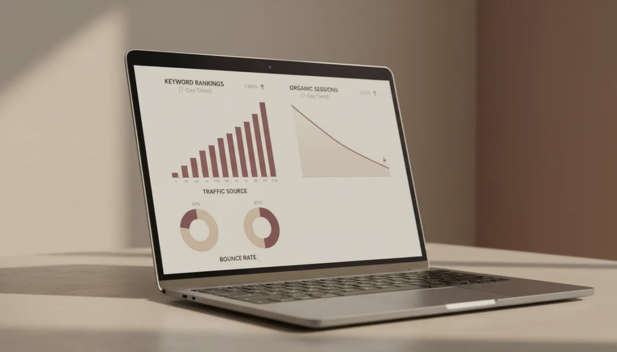 Analytics dashboard comparing rankings and organic traffic trends