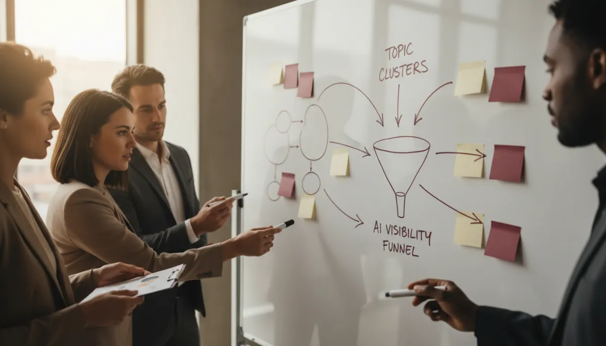 Marketing team mapping topic clusters and AI visibility strategy