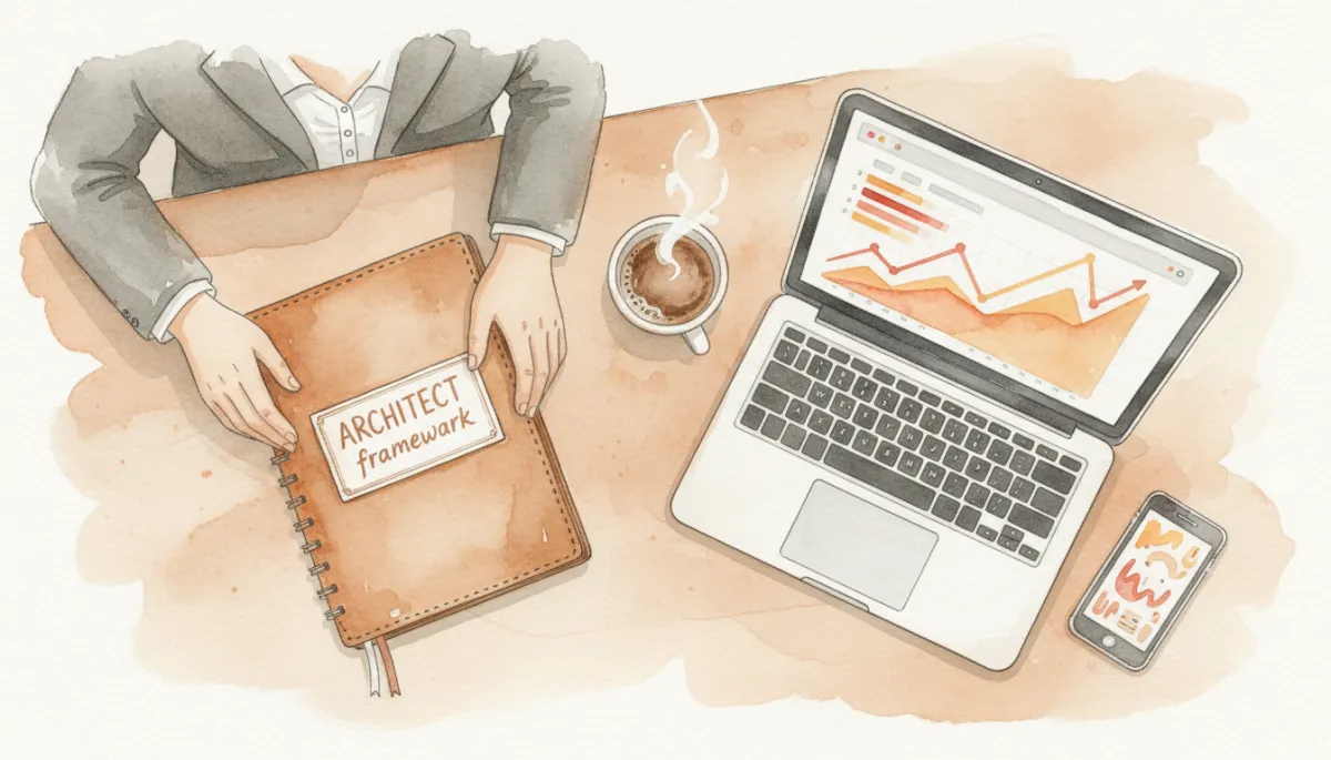 Founder reviewing visibility strategy with the ARCHITECT framework and analytics