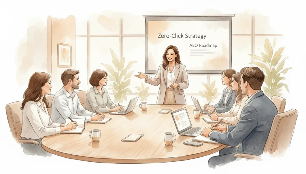 Agency strategist presenting zero-click and AEO roadmap to business owners