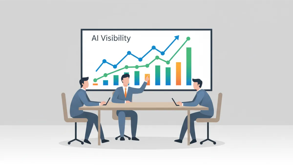 Team of consultants reviewing AI visibility metrics and upward trends on a large screen Team of consultants reviewing AI visibility metrics and upward trends on a large screen