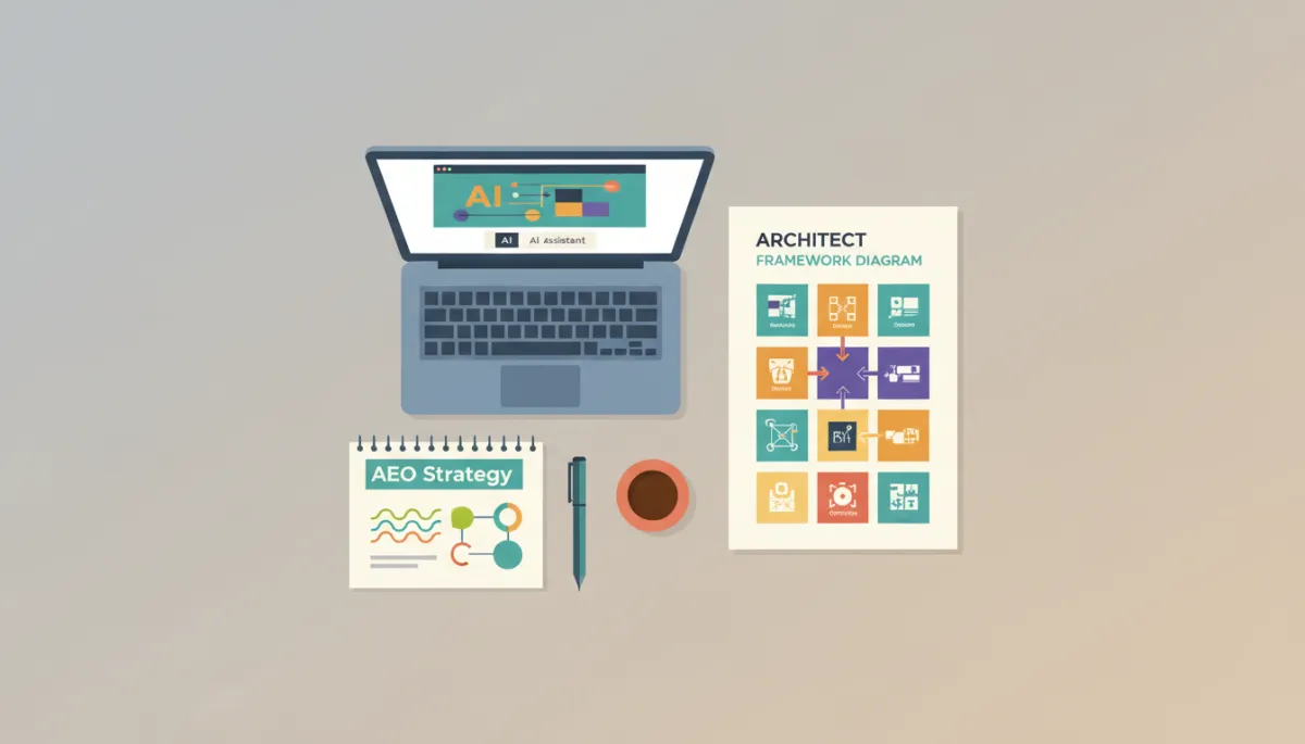 Desk setup with AI assistant interface and printed AEO strategy framework diagram Desk setup with AI assistant interface and printed AEO strategy framework diagram