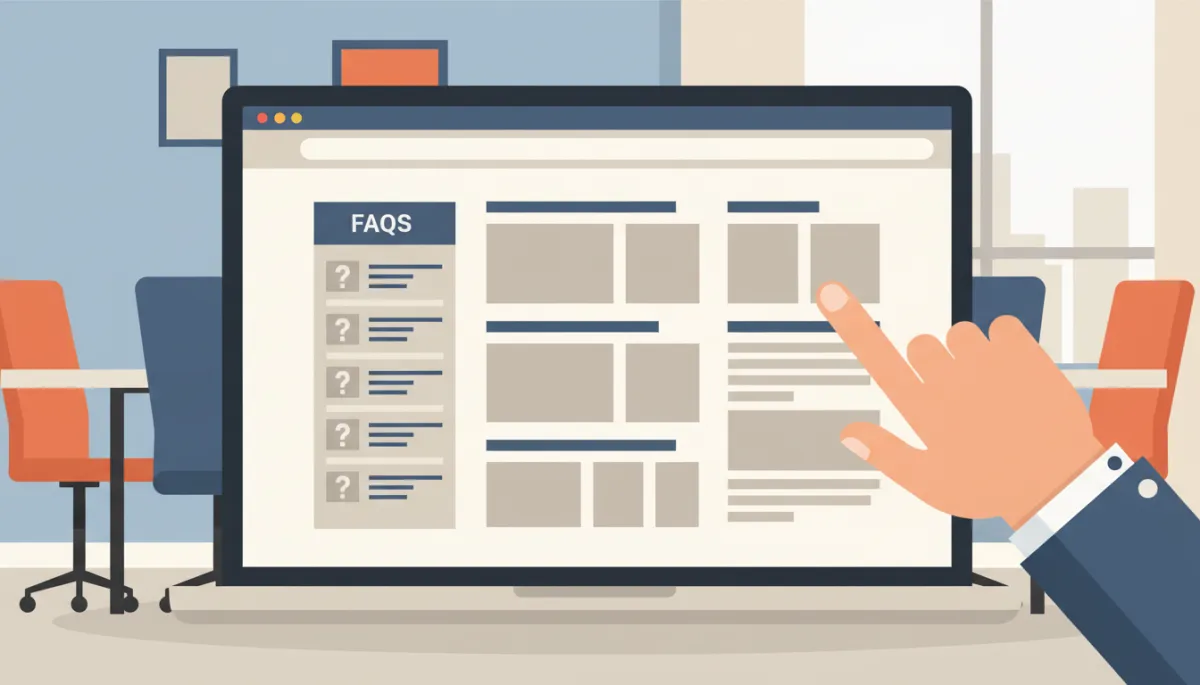 Strategist reviewing a structured FAQ and framework-led website layout on a laptop Strategist reviewing a structured FAQ and framework-led website layout on a laptop