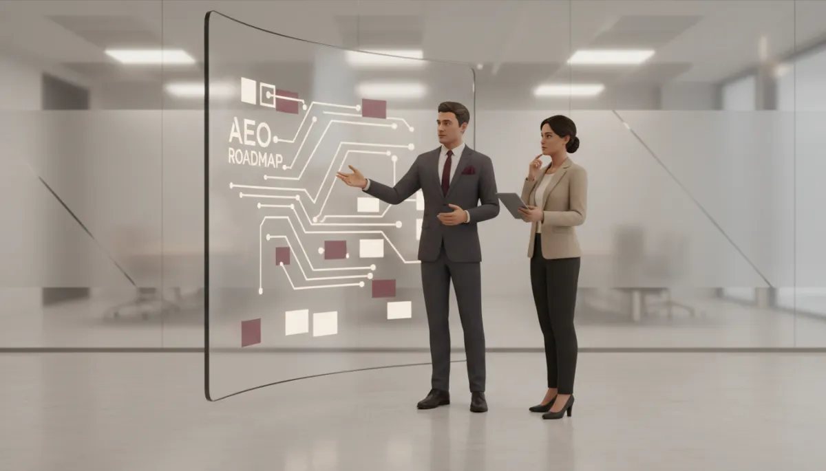 DW Conceptz strategist presenting an AEO roadmap to a business owner DW Conceptz strategist presenting an AEO roadmap to a business owner