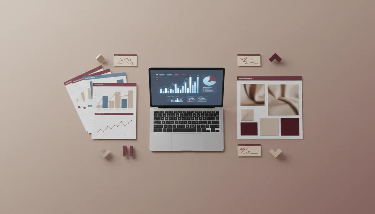 Flat lay of brand research documents and analytics on a desk
