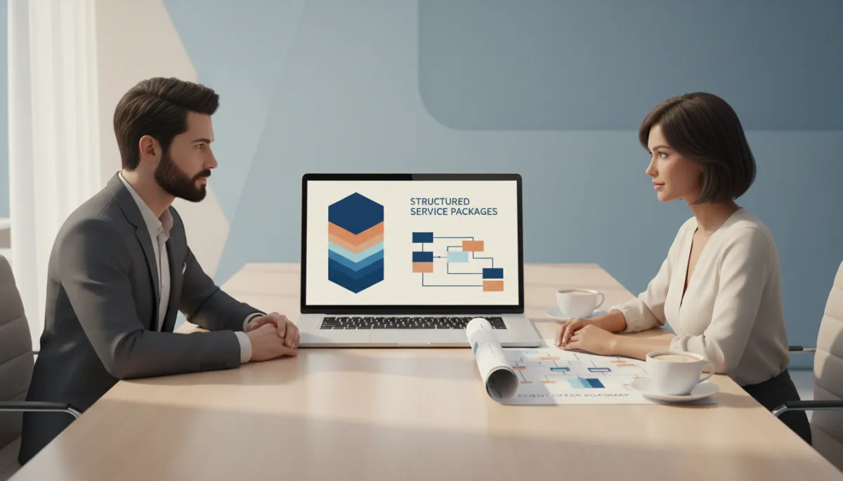 Strategist and client reviewing structured service offers on a laptop