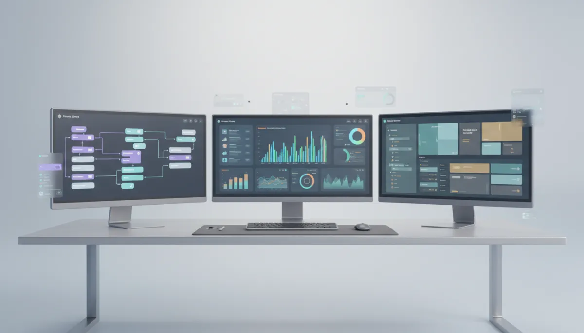 Multiple screens displaying brand analytics, automations, and content templates