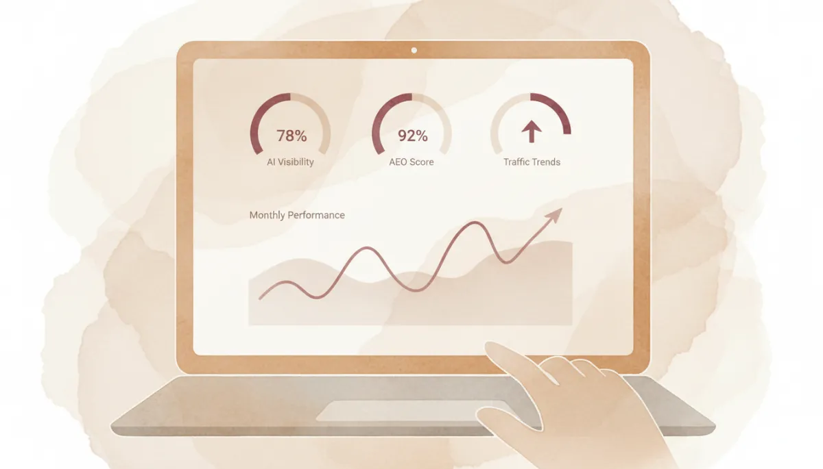 Laptop screen showing AI visibility metrics and Answer Engine Optimization performance dashboard Laptop screen showing AI visibility metrics and Answer Engine Optimization performance dashboard