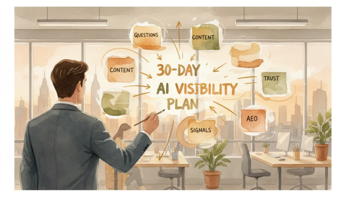 Strategist designing a 30-day AI visibility and AEO content plan on a glass wall Strategist designing a 30-day AI visibility and AEO content plan on a glass wall