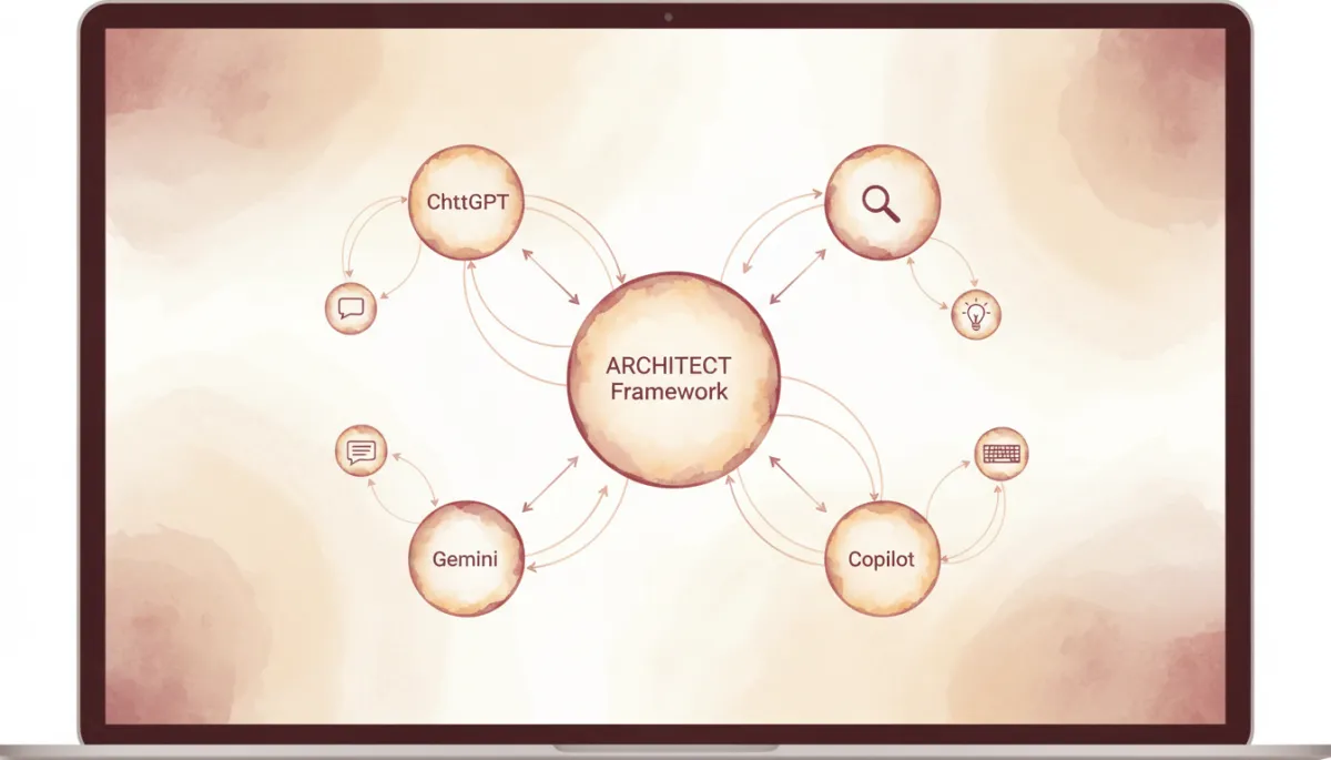 Laptop screen displaying the ARCHITECT framework mapped to AI touchpoints Laptop screen displaying the ARCHITECT framework mapped to AI touchpoints