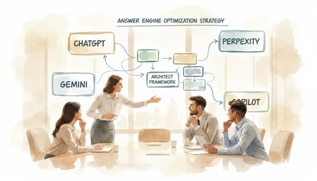 Team planning AI content and answer engine optimization strategy on whiteboard Team planning AI content and answer engine optimization strategy on whiteboard