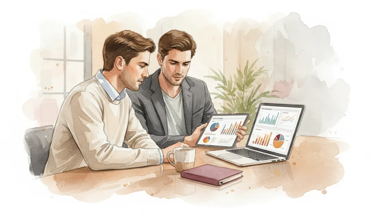 Founder and engineer reviewing answer engine performance metrics together Founder and engineer reviewing answer engine performance metrics together