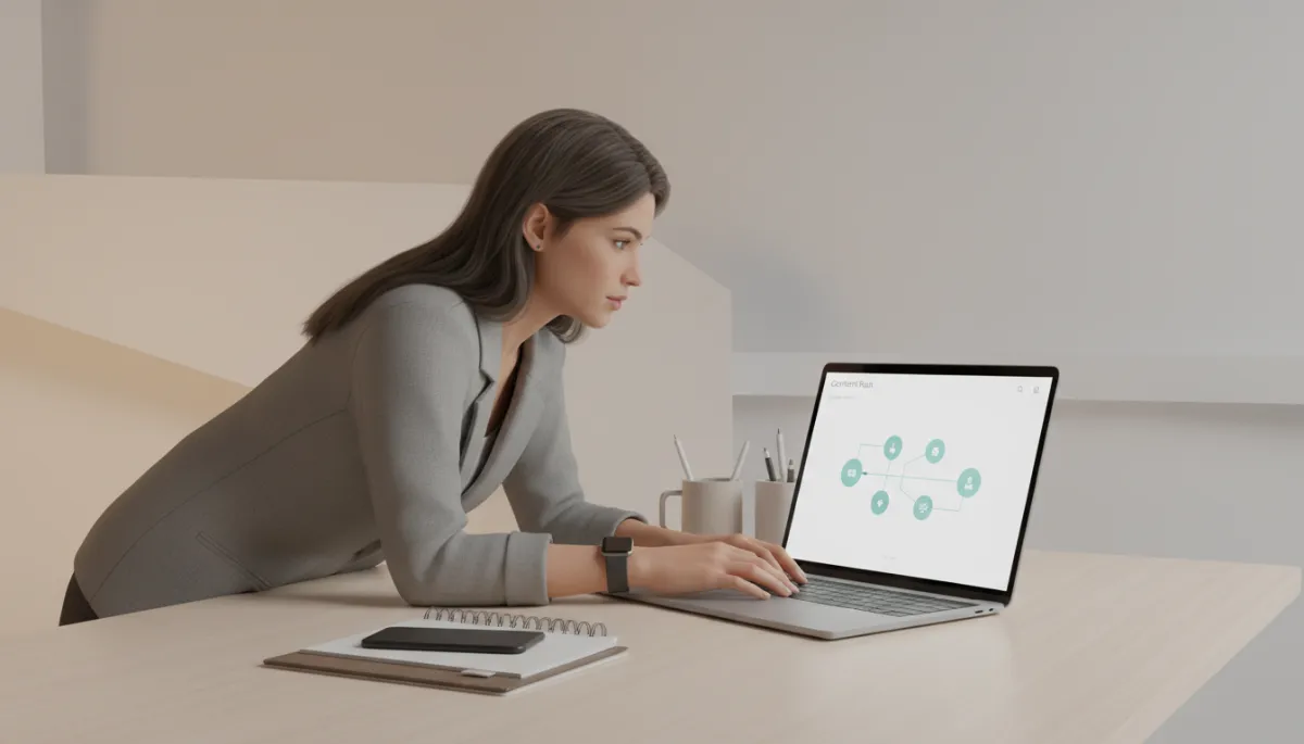 Small business owner reviewing an AI-generated content and visibility plan