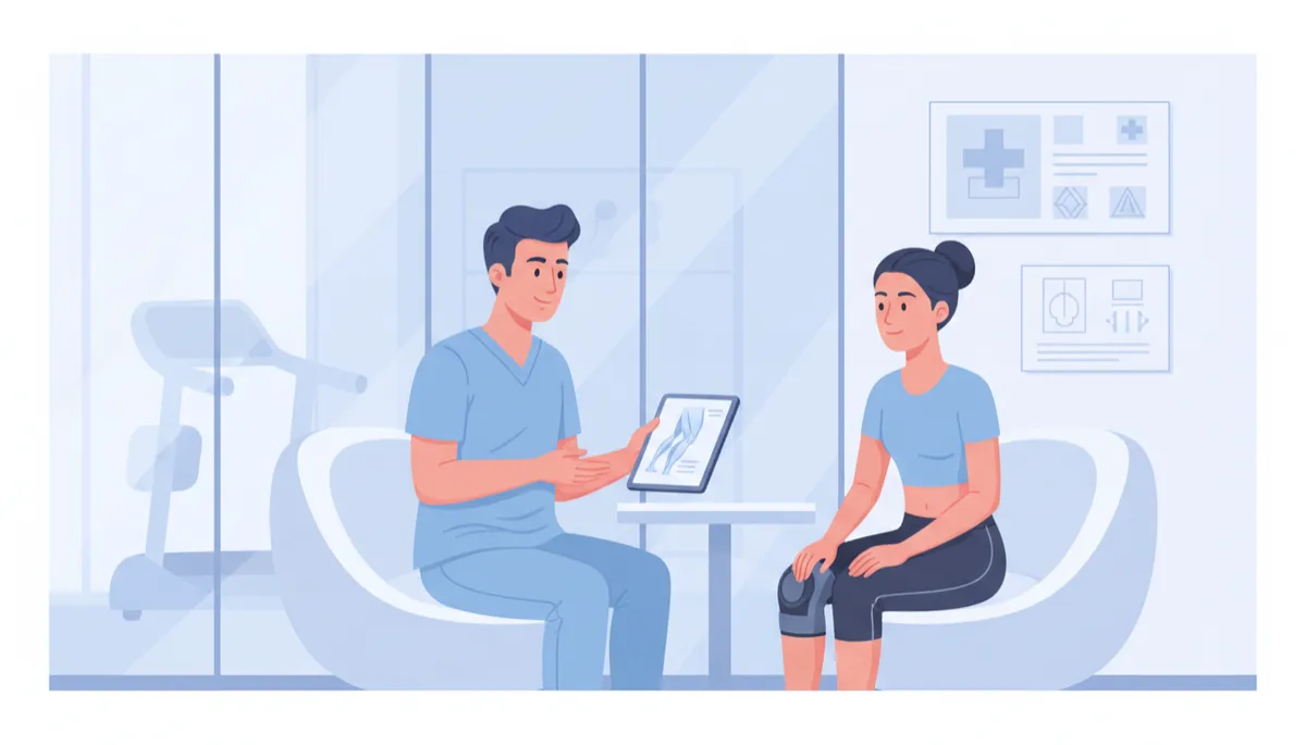illustrative neutral-tone scene of a sports medicine doctor calmly explaining a recovery plan to an Olympic-level runner in a modern therapy room, soft blue and white palette, minimalistic medical charts in background