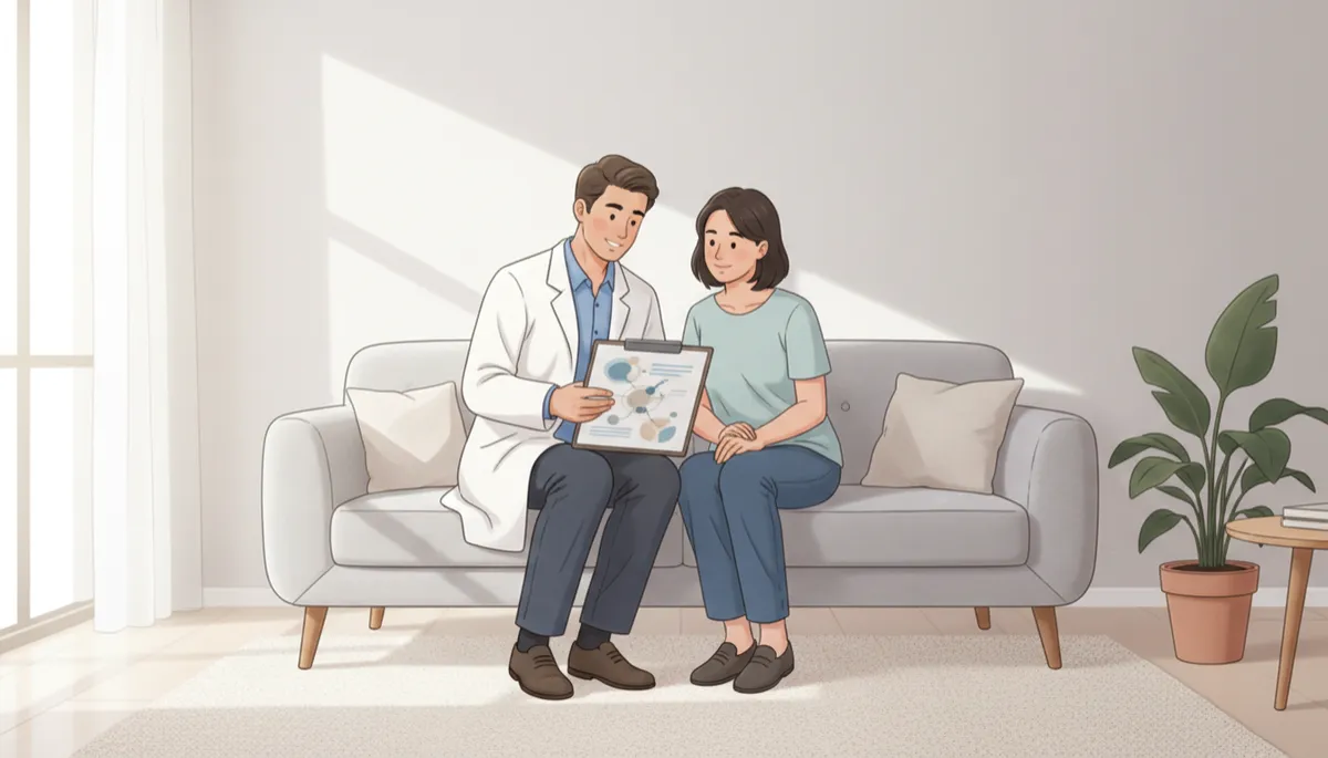 illustrative neutral color scene of a calm home therapy setting where a friendly health professional in a white coat is talking with an adult patient seated on a sofa, both reviewing a wellness plan on a clipboard, soft natural light, minimal modern interior