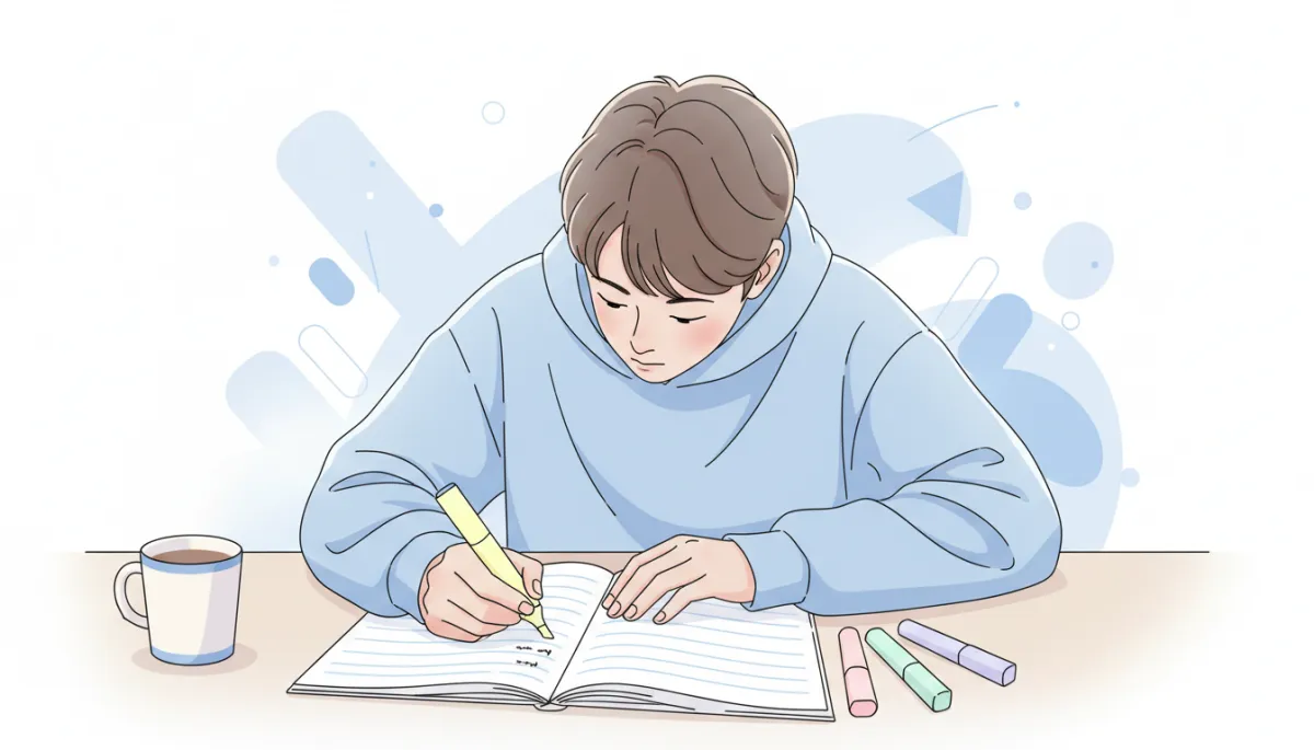Student planning a creative writing structure with notes and highlighters Student planning a creative writing structure with notes and highlighters