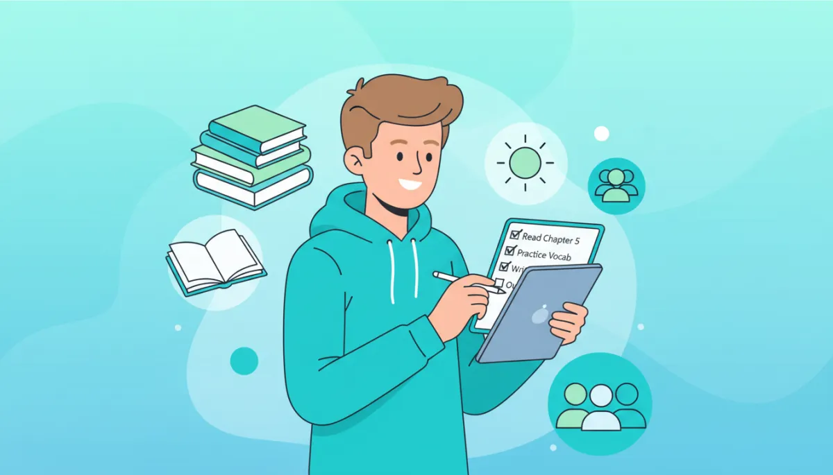 Student completing a short summer English study checklist