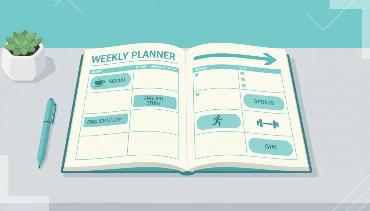 Weekly planner showing short English study sessions alongside summer activities